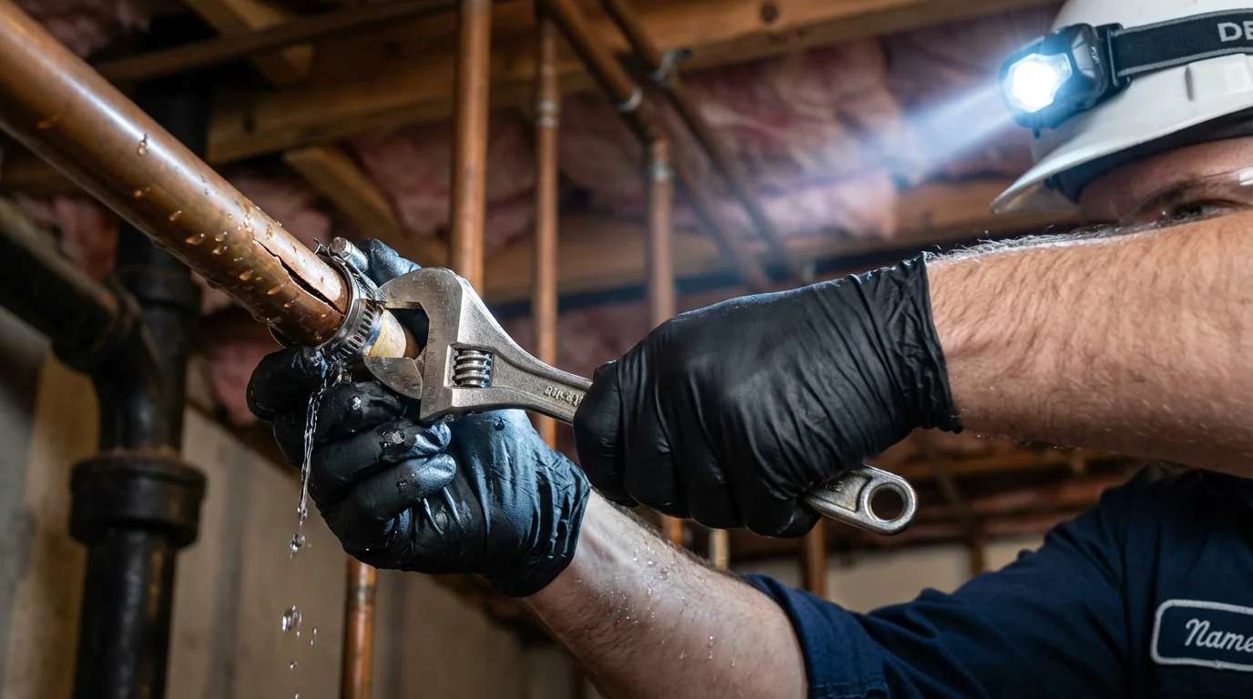 Emergency pipe clamp repair being performed by a Johns Plumbing LLC plumber in Herculaneum